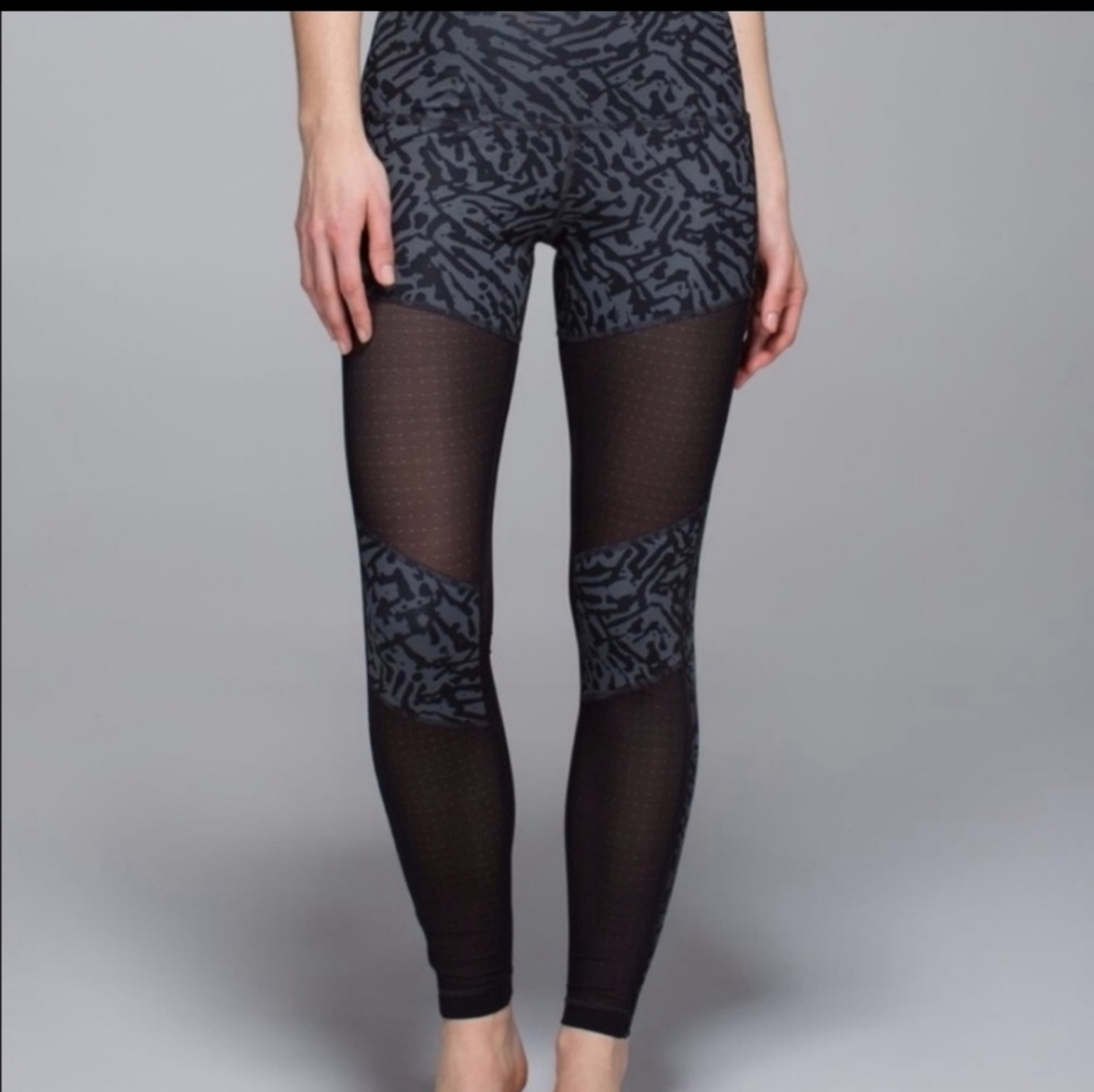 Lululemon Athletica High-Waisted Black and Gray Leggings with Mesh Panels
